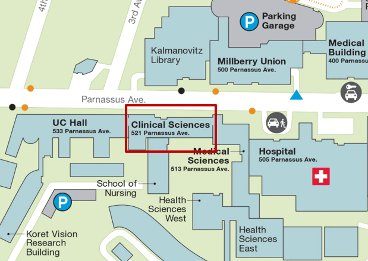 Parnassus Campus Map with the Clinical Sciences Building located between UC Hall and Medical Sciences